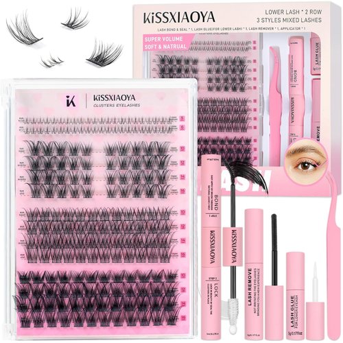 Fluffy Individual Cluster Eyelashes Mix10-16mm 136 Wide Stem Clusters & 22 Invisible Band Lower Lashes & Lash Bond and Seal & Lash Remover & Lash Glue & Tweezers