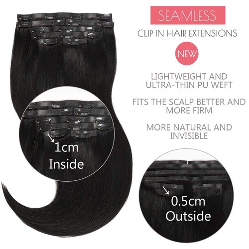 Loxxy Seamless Clip in Extensions Real Human Hair Pu Weft Straight Seamless Clip in Hair Extensions Human Hair 16 Inch Jet Black Real Hair Clip in Extensions Natural Hair Full Head #1 110g 7pcs
