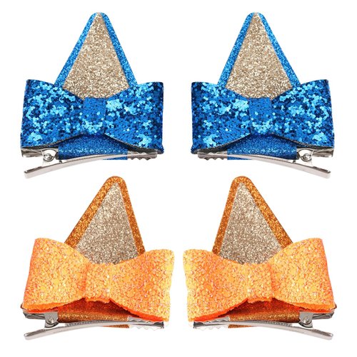 GUGUMO 4 Pcs Bluey Ears Hair Clips, Glitter Hair Barrettes with Bows, Blue Hair Pin Accessories for Halloween Costume Birthday Decorations Theme Party Supplies Cosplay (Blue & Orange)