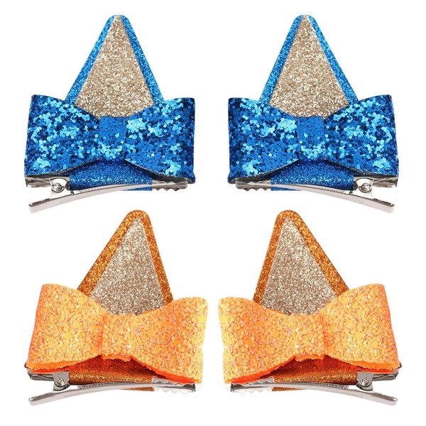 GUGUMO 4 Pcs Bluey Ears Hair Clips, Glitter Hair Barrettes with Bows, Blue Hair Pin Accessories for Halloween Costume Birthday Decorations Theme Party Supplies Cosplay (Blue & Orange)