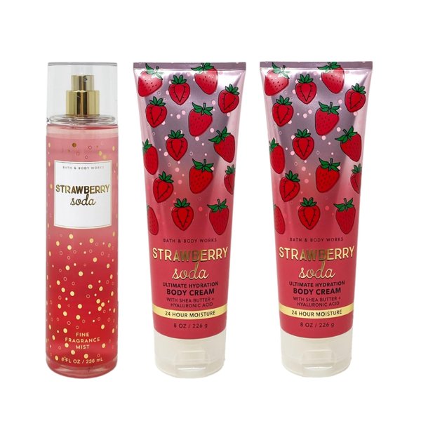 Bath & Body Works Strawberry Soda 3 Piece Bundle - Fragrance Mist and 2 Body Creams - Full Size