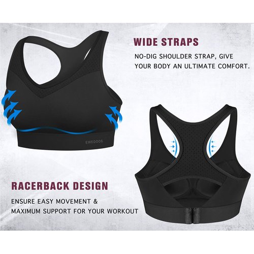 Ewedoos High Impact Sports Bras for Women High Support Push up Sports Bra Racerback Sports Bras Workout Bra Running Bra Black