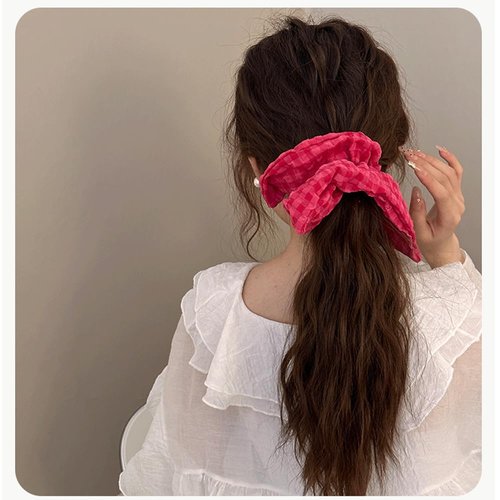 Low Ponytail Hair Rope, Leather Tendons, Raspberry Powder Checkered Square Scarf Headband, Tie Head Rope Hair Accessories No Crease Damage Hair Tie Ponytail