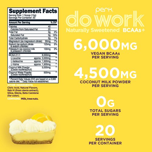 Perk Do Work BCAAs + Hydration Electrolytes Powder (Naturally Sweetened Lemon Tart Flavored, 20 Servings) - with Coconut Water & Coconut Milk