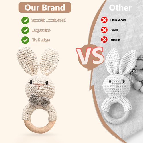 Wooden Baby Rattle, Handcrafted Crochet Bunny Rattles with Wooden Teething Ring, Beige Rabbit Newborn Toy Stuffed Animal Organic Rattle Baby Announcement Ideas Props