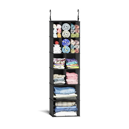 SUOCO Hanging Closet Organizer and Storage with Dividers, 12 Compartments Clothes Shoes Accessories Shelf for Wardrobe, Nursery, Cloakroom or RV, Black, 1 Pack…