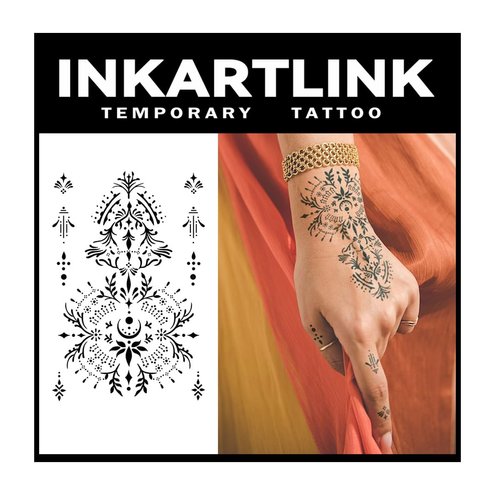 INKARTLINK Temporary Tattoos, 2 Sheets Medium Semi Permanent Tattoo Adult Art Design Waterproof Temp Tattoo Party Favors Realistic Look, No Adhesive, Lasts 1-2 Weeks Black (Henna Design)