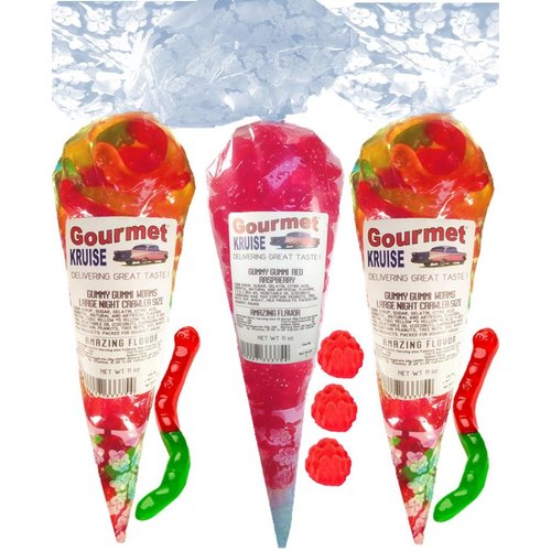 Gummy Worms (2) Wild Fruit Assorted (1) Red Raspberry Shaped Gummi Bears (NET WT 33 OZ) Gourmet Kruise Signature Gift Bags