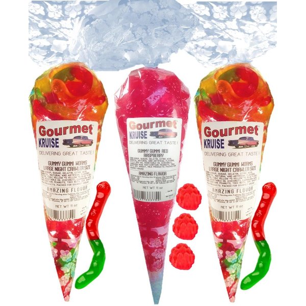 Gummy Worms (2) Wild Fruit Assorted (1) Red Raspberry Shaped Gummi Bears (NET WT 33 OZ) Gourmet Kruise Signature Gift Bags
