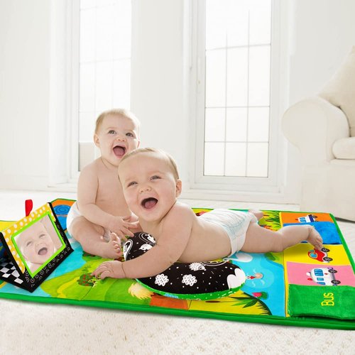 Inbeby Tummy Time Mirror & Play Mat & Pillow 3-in-1, High Contrast Black and White Baby Toys, Activity Mat for Early Education, Newborn Infant Tummy Time Toy Set for 0 3 6 12 Month Crinkle/Squeaker