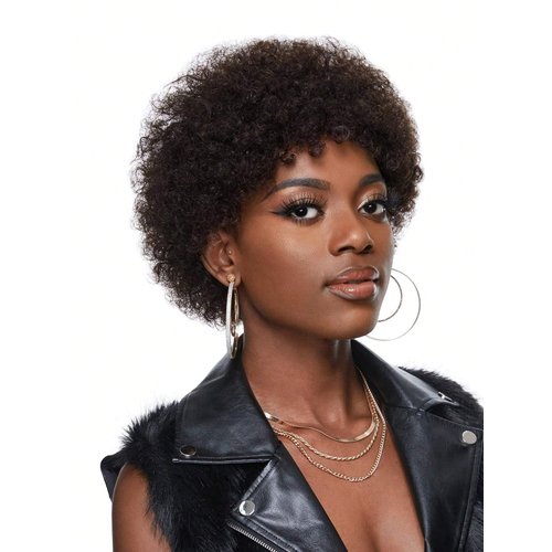 Somo Bella Afro Short Wig, Short Human Hair Wigs Kinky Curly Full Machine Made Daily Wig for Women and Men 4 inches Natural Black Color