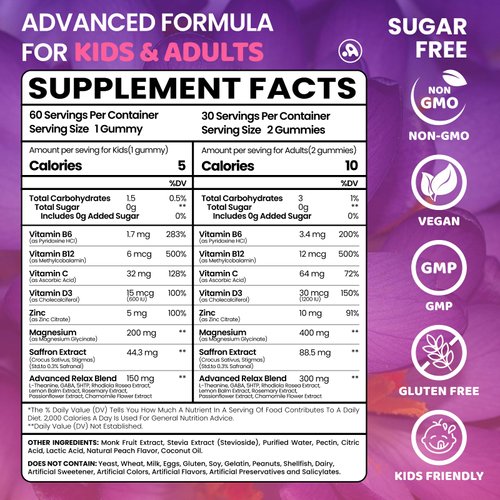 Saffron Gummies for Kids Adults 88.5mg, 15-in-1 Saffron Supplements for Kids, with B6, B12, C, D3, Magnesium Glycinate, Zinc for Nerve, Rest, Focus, Sugar Free, Vegan, Non- GMO, Peach Flavor, 60 Count