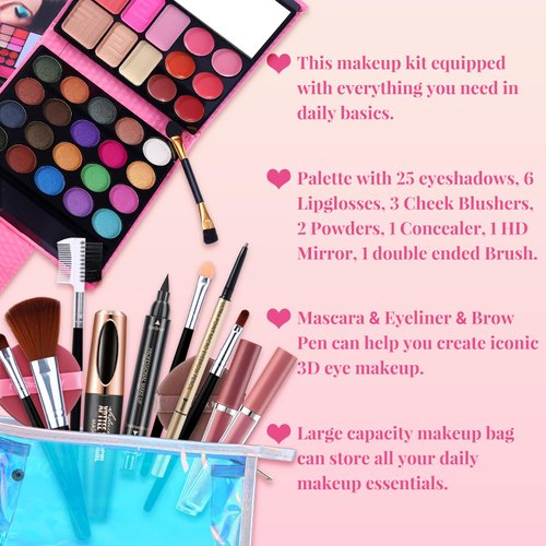 Makeup Set for Women Full Kit - 32 Colors Makeup Palette,5pcs Brushes Set, Mascara & Stamp Liquid Eyeliner, Eyebrow Pen, 2pcs Matte Liquid Lipsticks, 2 Powder Puff, 1 Cosmetic Bag Makeup Gift Set