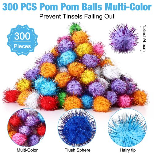 Poen 300 Pieces Cat Ball Toy Fuzzy Balls 1.8 Inch Assorted Color Cat Pom Pom Balls Interactive Cat Tinsel Balls for Indoor Cats