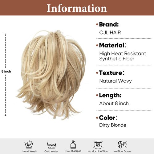CJL HAIR Claw Clip Short Ponytail Hair Extensions Bendable Metals Messy Bun Hair piece Wavy Curly Fake Hairpieces (Dirty Blonde, Straight,8inch)