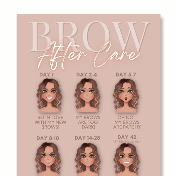 PMU Eyebrow Powder Brow Microblading Aftercare Instruction Cards - 4x6 Inches - Front and Back Stages of brow healing