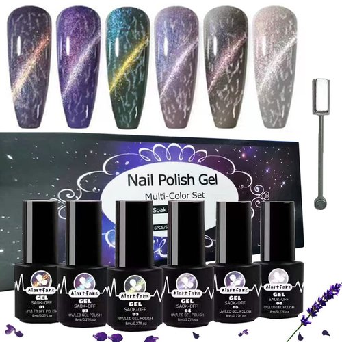 Aiartfans Cat Eye Gel Polish Set 6 Colors Magnetic Nail Gel Polish Multi-functional Soak-Off UV Gel Nail Polish Kit 4-in-1 Gel Manicure Kit with Magnetic Stick for Nail Art Home DIY