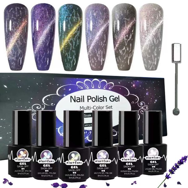 Aiartfans Cat Eye Gel Polish Set 6 Colors Magnetic Nail Gel Polish Multi-functional Soak-Off UV Gel Nail Polish Kit 4-in-1 Gel Manicure Kit with Magnetic Stick for Nail Art Home DIY