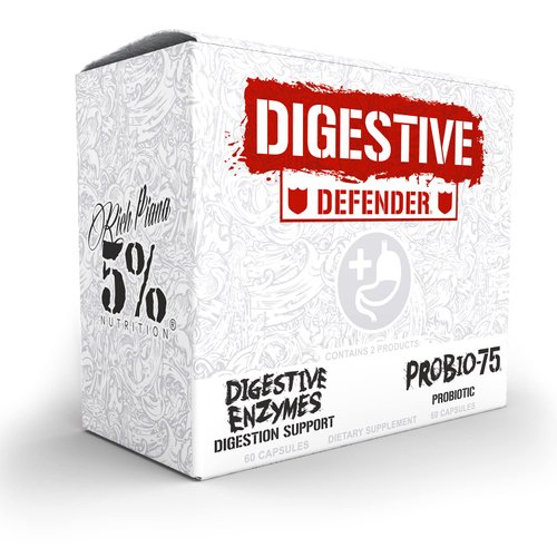 5% Nutrition Rich Piana Digestive Defender | Probio-75 & Digestive Enzymes Digestion Supplement | Premium Quality Enzymes with Probiotics and Prebiotic Fiber | 120 Gelatin Capsules (30 Svgs)