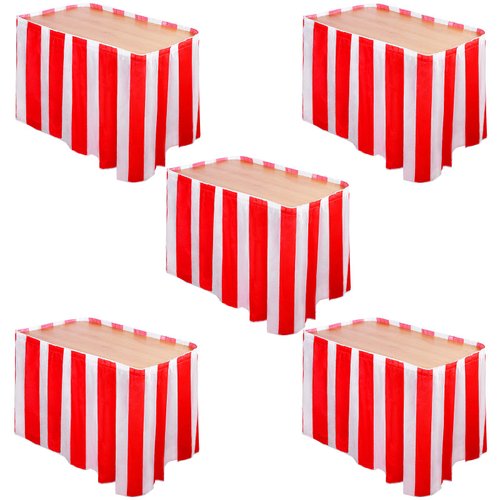 Elcoho 5 Pack Carnival Table Skirt 14 Feet x 29 Inch Red and White Striped Table Skirt Fits Rectangle or Round Tables Party Theme Tables for Circus Theme Party Decorations