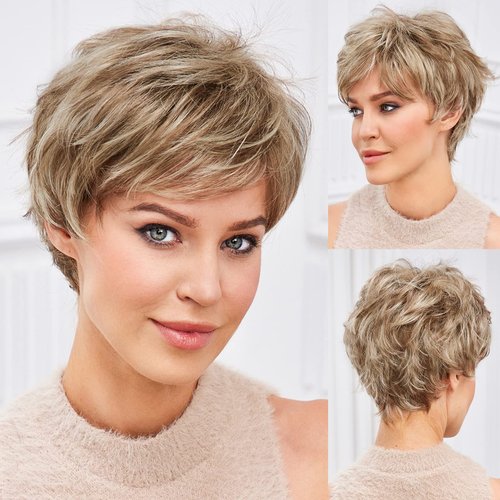EMMOR Short Mixed Blonde Wigs for Women Memory Fiber Simulated Human Hair Pixie Curly Wig With Bang,Natural Daily Use Hair(Color 18/22#)