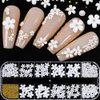 3D White Flower Nail Stickers Charm Decoration Decals 12 Grids Nail Flower Pearl Gold Caviar Beads Glitter Design Acrylic Nails Supplies Stickers for Women Floral Manicure Tips DIY Accessories Craft