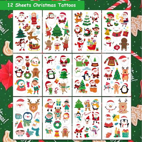 Hohamn Christmas Temporary Tattoos for Kids, 12 Sheets Christmas Holiday Fake Tattoos for Baby Boys Girls Xmas Party Gifts Crafts Decoration