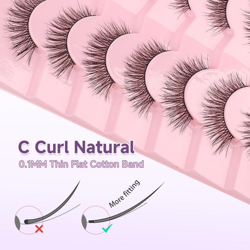 Natural Lashes False Eyelashes 15mm Wispy Eyelashes with Thin Band 3D Volume False Lashes Soft Strip Lashes Pack C Curl Natural Eyelashes Fake Lashes 7 Pair EVENTILL