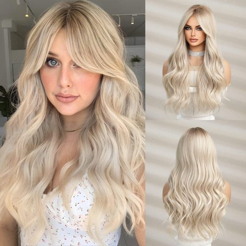 JOOLER Blonde Wig With Bangs Platinum Blonde wigs For Women Long Blonde Wig for Women Ombre Blonde Wigs with Dark Roots Natural Hair Heat Resistant…