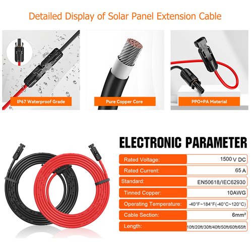 10AWG Solar Extension Cable 10 Feet, 10 Gauge Solar Panel Cables 10FT for Solar Systems, Car, RVs, and Boats, Tinned Copper PV Wire Ends with Solar Connector (Red & Black)