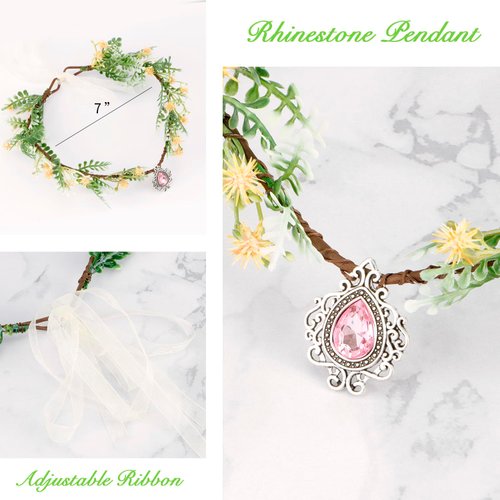 SuPoo Fairy Crown Yellow Flower Crown for Women Green Leaf Elf Crown Rhinestone Pendant Cosplay Flower Headbands Boho Flower Girl Headpiece Fairy Accessories for Renaissance Fair Maternity Wedding