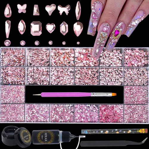 HNUIX Nail Rhinestones Kit 12 Types Light Pink Special-Shaped Diamonds 4550Pcs Flat-Bottomed Crystal 3D Nail Art Rhinestones Decorations Gems Stones with Nail Glue Gel+Nai Brush+Tweezers+Drill Pen