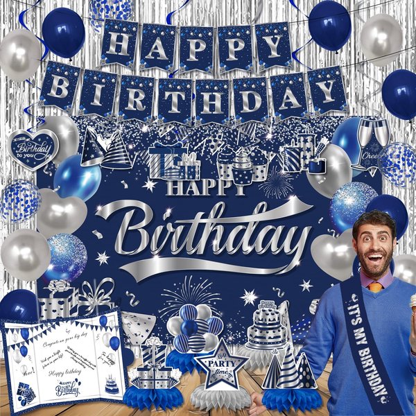 Blue Silver Birthday Party Decorations, Birthday Decorations for Men Include Happy Birthday Banner, Guest Book, Backdrop, Hanging Swirls, Balloons, Fringe Curtain and Sash, Birthday Party Supplies