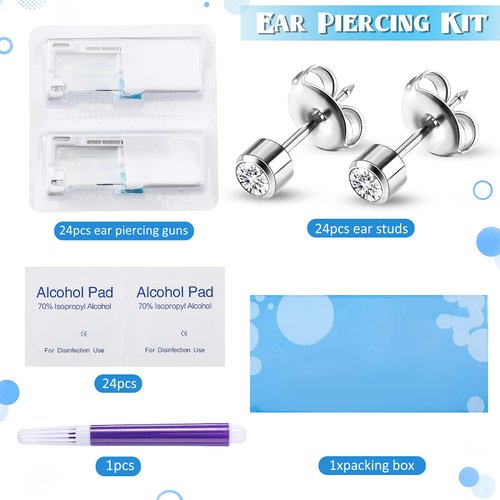 24 Pieces Self Ear Piercing Tool Disposable Ear Piercing Kit Household Ear Piercing Tools Safety Portable Ear Nose Piercing Tools with 24 Pieces Crystal Earring Studs (Silver Earring)
