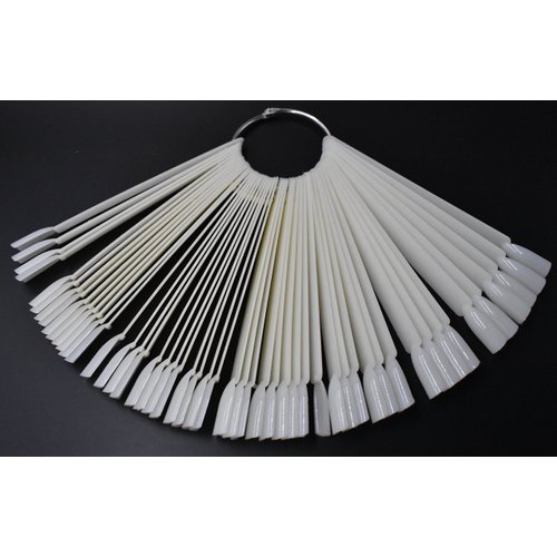 2 Sets 100 Tips Fan Shape White Plastic Nail Art Tips Display Polish Board Display Practice Sticks with Metal Split Ring Holder
