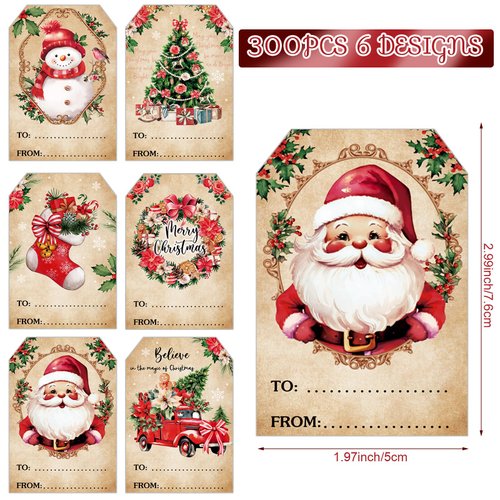 300 Pcs Christmas Gift Tags Stickers Self Adhesive Xmas Name Tag Labels Santa Claus Present Stickers Vintage Merry Christmas Gift Wrapping Sticker for Present Decoration Holiday Party Supplies (Retro)