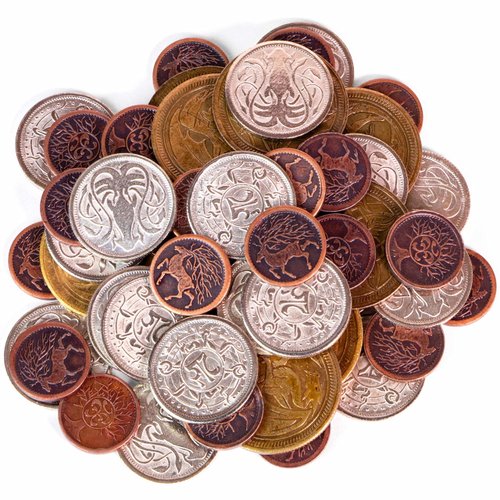 The Dragon's Hoard: 60 Real Metal Fantasy Coins with Leather Pouch | Board Game Accessory for Tabletop RPG Role-Play Strategy Games | Bronze, Silver, and Gold Colored Coins