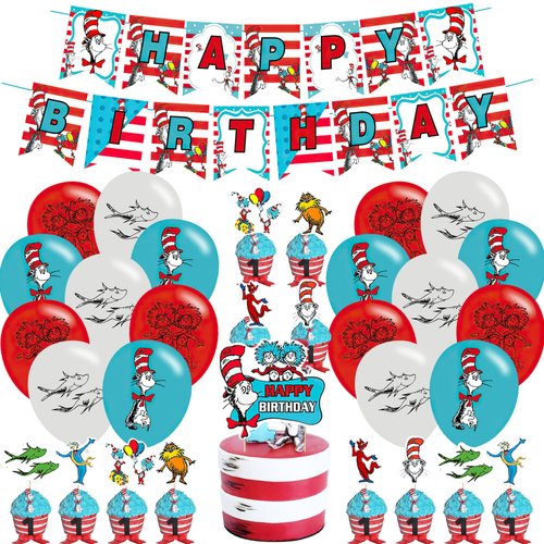 Seuss Cat Birthday Party Decorations, Cat in the Hat Themed Party Supplies with Happy Birthday Banner,Cupcake Cake Toppers,Balloons for Kids Adults Birthday Party Supplies