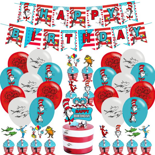 Seuss Cat Birthday Party Decorations, Cat in the Hat Themed Party Supplies with Happy Birthday Banner,Cupcake Cake Toppers,Balloons for Kids Adults Birthday Party Supplies