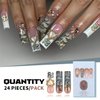 White French Tip Press on Nails Long Square Fake Nails Gold Rhinestone Coffin False Nails with Designs Dollar Money Nails Press on Acrylic Nails Glossy 3D Heart Glue on Nails for Women and Girls 24Pcs