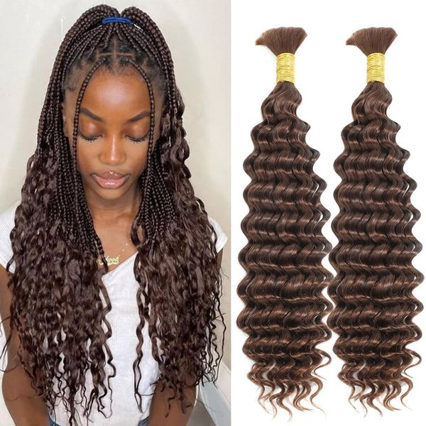 Luxnovolex Curly Braiding Human Hair Chocolate Brown 100g 20 Inch Deep Water Wave Bulk Human Hair for Braiding No Weft Brazilian Virgin Deep Curly Human Hair Extensions