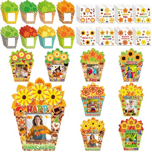 Soaoo 48 Sets Thanksgiving Picture Frames Craft Kits Autumn Flowers DIY Photo Frame Hello Fall Happy Thanksgiving Maple Leaf Pumpkin Stickers Floral Gifts Craft for Thanksgiving Party Supplies Decor