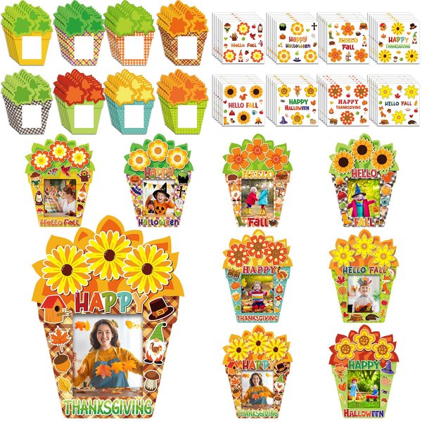 Soaoo 48 Sets Thanksgiving Picture Frames Craft Kits Autumn Flowers DIY Photo Frame Hello Fall Happy Thanksgiving Maple Leaf Pumpkin Stickers Floral Gifts Craft for Thanksgiving Party Supplies Decor