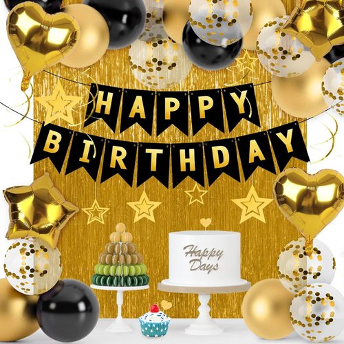 MCPINKY Birthday Party Decorations, Black Gold Happy Birthday Banner Confetti Balloons Fringe Curtain for Women Girls Birthday Party Supplies