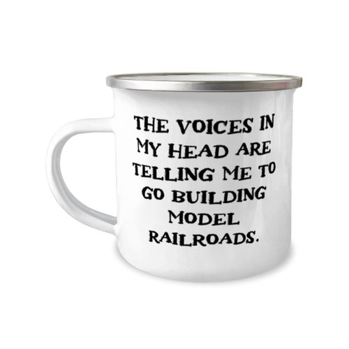 Cute Model Railroads 12oz Camper Mug, The Voices in My Head are Telling Me to Go, Funny Gifts for Friends, Holiday Gifts, Model trains, Train sets, Toy trains, Railway, Locomotive, Track