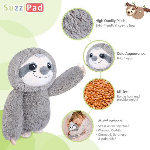 SuzziPad Microwavable Stuffed Animal, Heated Stuffed Animals Sloth Plush for Anxiety, Bedtime, Cuddle & Companion, Soreness & Pain Relief, Warmer Sloth Stuffed Animal, Sloth Gifts for Women, Gray