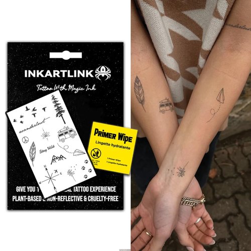 INKARTLINK Semi Permanent Tattoos, temporary tattoos, multiple designs, adult art designs, party favors, waterproof, realistic, no adhesive, no reflective, lasts 1-2 weeks (Compass, Feather, Car)