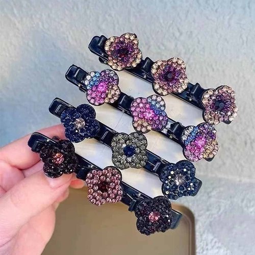 4PCS Satin Fabric Rhinestone Hair Bands, Four-Leaf Clover Fashion Double Layer Mini Hair Clip, Sparkling Crystal Stone Braided Hair Clips，Braided Hair Clip with Rhinestones for Women