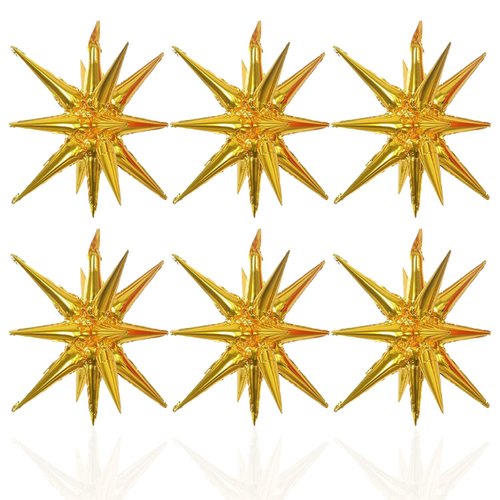 6 Pcs Gold Star Foil Balloons One-Piece 14-Pointed Star Balloons 4D Starburst Cone Mylar Balloons 22inch Christmas Birthday Wedding Wedding Anniversary Party Supplies(Gold)