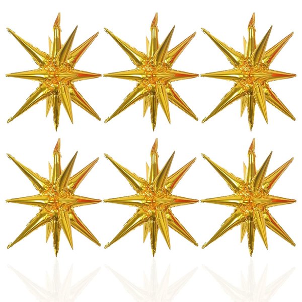 6 Pcs Gold Star Foil Balloons One-Piece 14-Pointed Star Balloons 4D Starburst Cone Mylar Balloons 22inch Christmas Birthday Wedding Wedding Anniversary Party Supplies(Gold)
